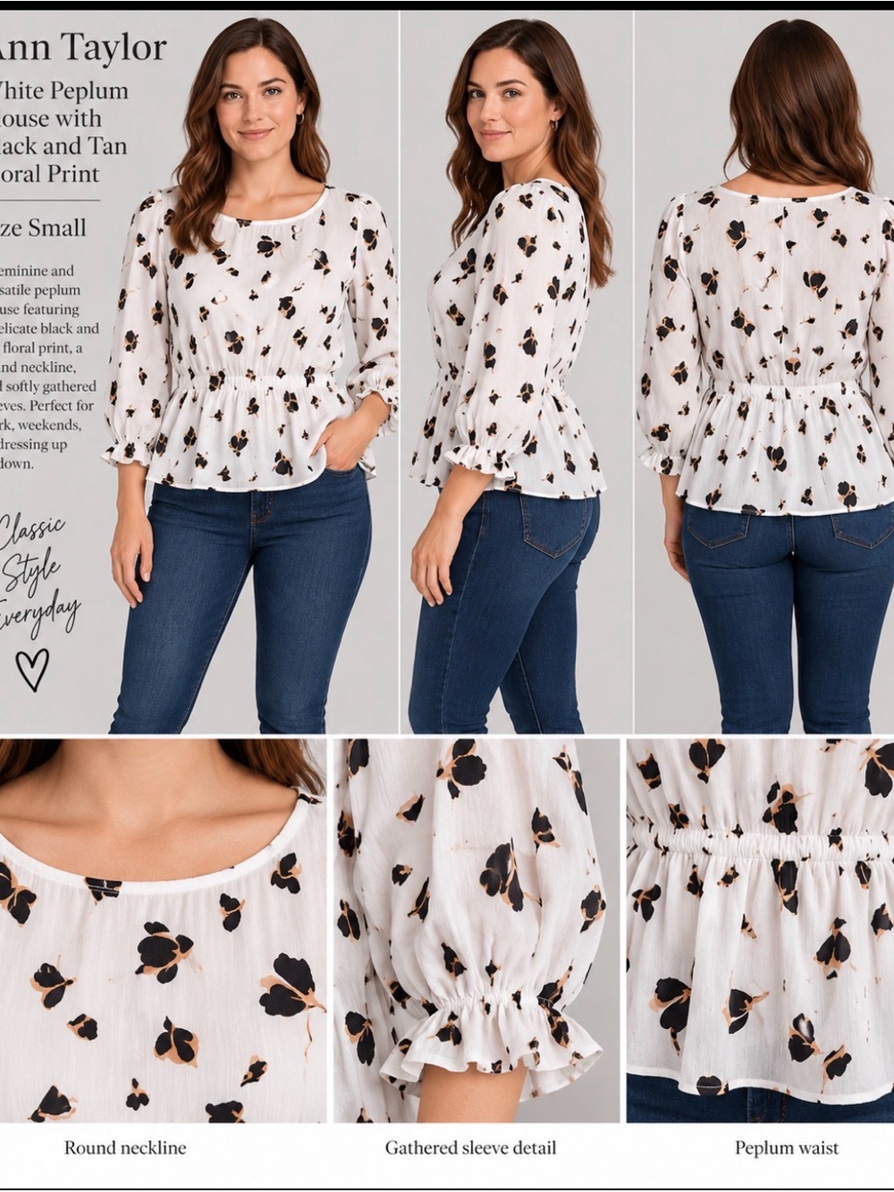 Ann Taylor White Peplum Blouse with Black and Tan Floral Print